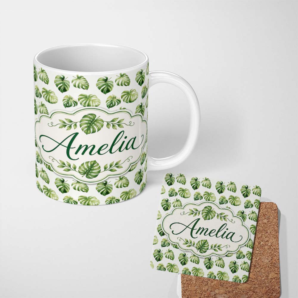 Personalized Custom Name Minimal Watercolor Monstera Leaves on White Seamless Pattern Name 11oz Ceramic Coffee Tea Mug White Large Handle