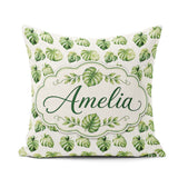 Custom Name Minimal Watercolor Monstera Leaves on White Seamless Square Filled Cushion Throw Pillow Sofa Bed Home Decor Zip Washable UK Made