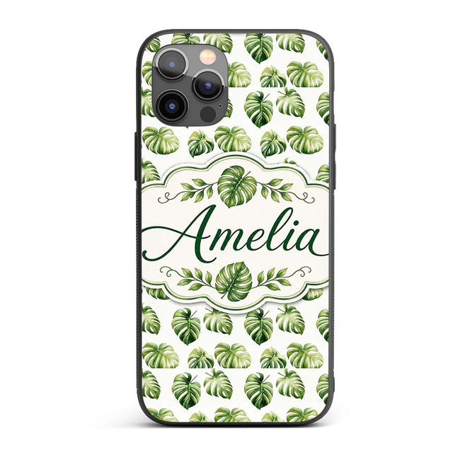 Minimal Watercolor Monstera Leaves Printed Design Custom Name Protective Phone Case Mobile Cover Durable Everyday Smartphone Shock Resistant