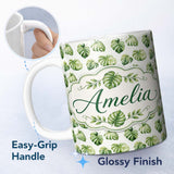Personalized Custom Name Minimal Watercolor Monstera Leaves on White Seamless Pattern Name 11oz Ceramic Coffee Tea Mug White Large Handle