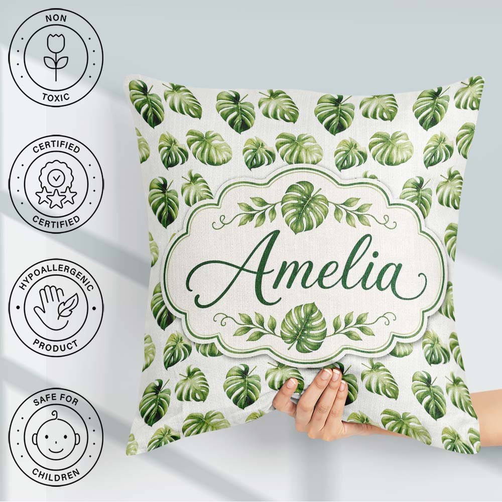 Custom Name Minimal Watercolor Monstera Leaves on White Seamless Square Filled Cushion Throw Pillow Sofa Bed Home Decor Zip Washable UK Made