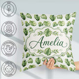 Custom Name Minimal Watercolor Monstera Leaves on White Seamless Square Filled Cushion Throw Pillow Sofa Bed Home Decor Zip Washable UK Made