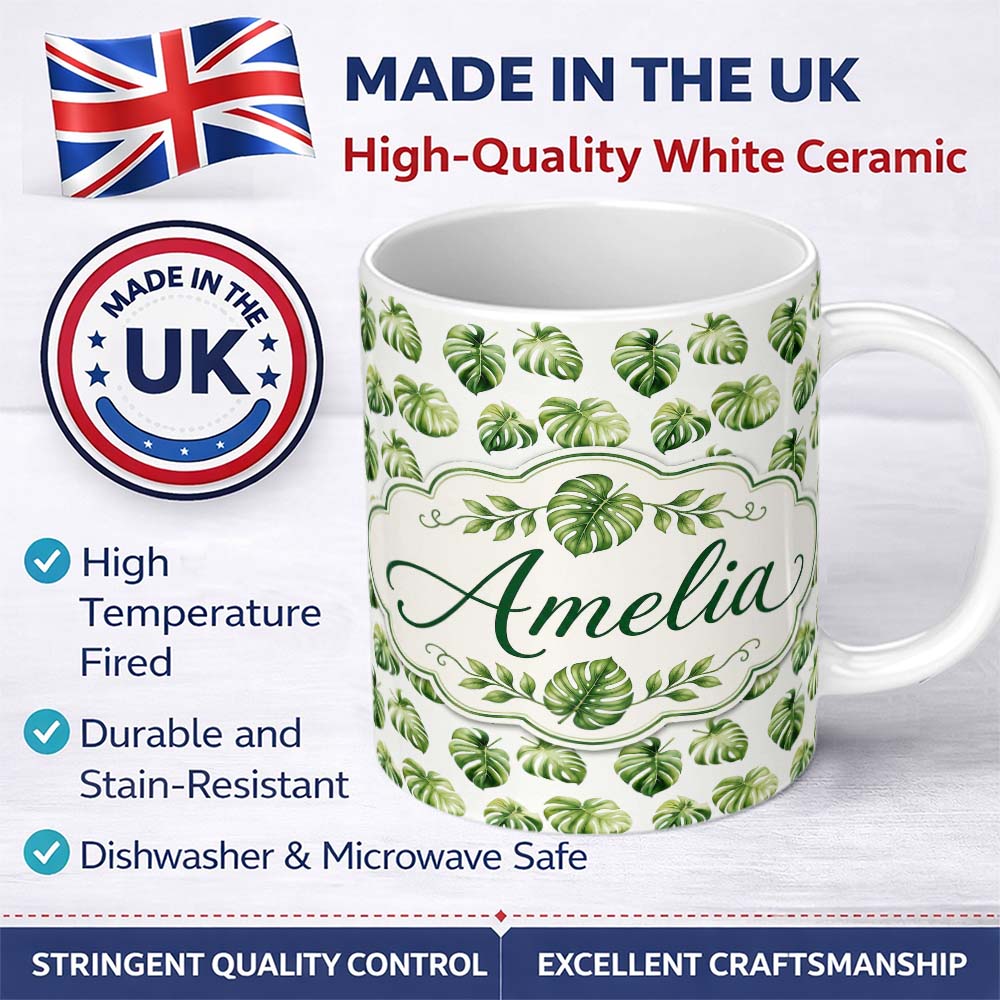Personalized Custom Name Minimal Watercolor Monstera Leaves on White Seamless Pattern Name 11oz Ceramic Coffee Tea Mug White Large Handle