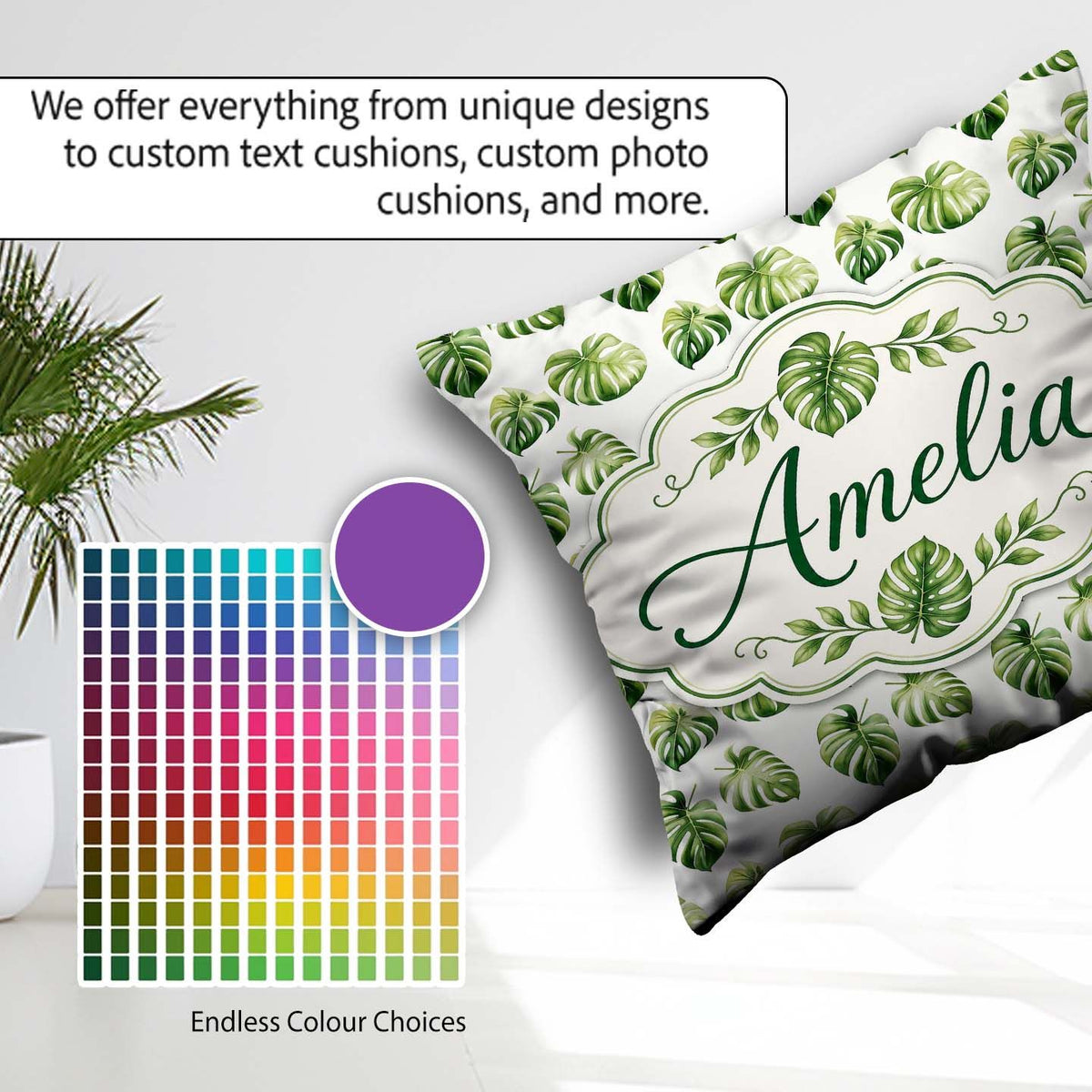 Custom Name Minimal Watercolor Monstera Leaves on White Seamless Square Filled Cushion Throw Pillow Sofa Bed Home Decor Zip Washable UK Made