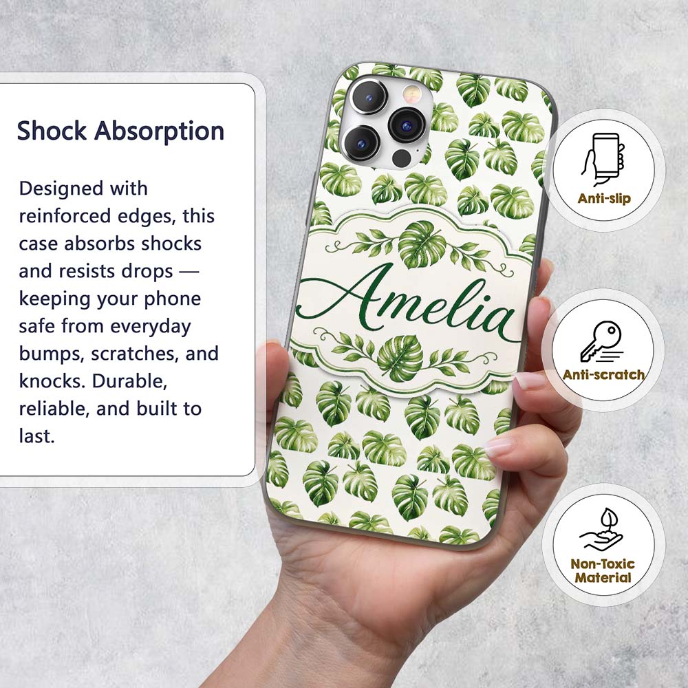 Minimal Watercolor Monstera Leaves Printed Design Custom Name Protective Phone Case Mobile Cover Durable Everyday Smartphone Shock Resistant