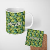 Personalized Custom Name Bright Tropical Monstera Leaves Dense Jungle Seamless Pattern Name 11oz Ceramic Coffee Tea Mug White Large Handle