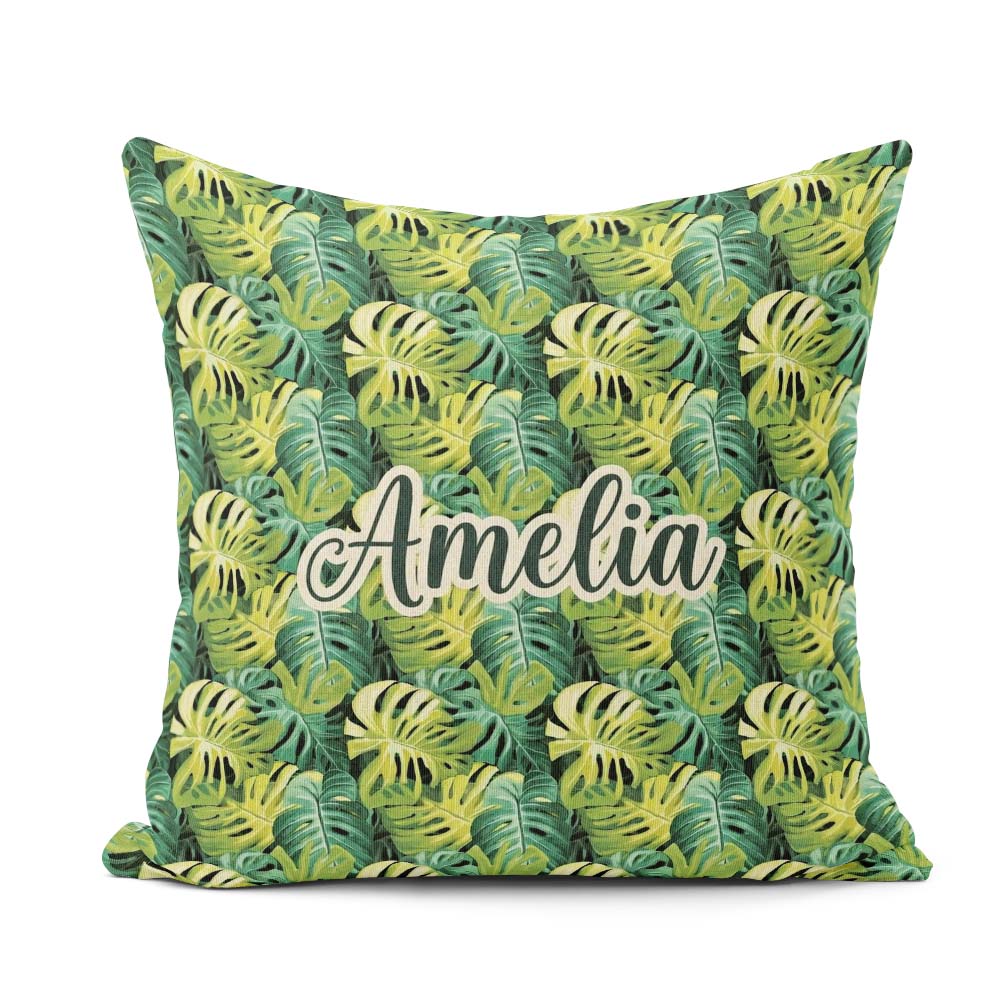 Custom Name Bright Tropical Monstera Leaves Dense Jungle Pattern Square Filled Cushion Throw Pillow Sofa Bed Home Decor Zip Washable UK Made
