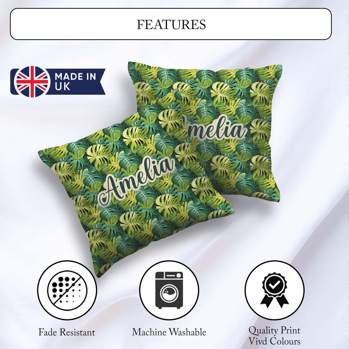 Custom Name Bright Tropical Monstera Leaves Dense Jungle Pattern Square Filled Cushion Throw Pillow Sofa Bed Home Decor Zip Washable UK Made