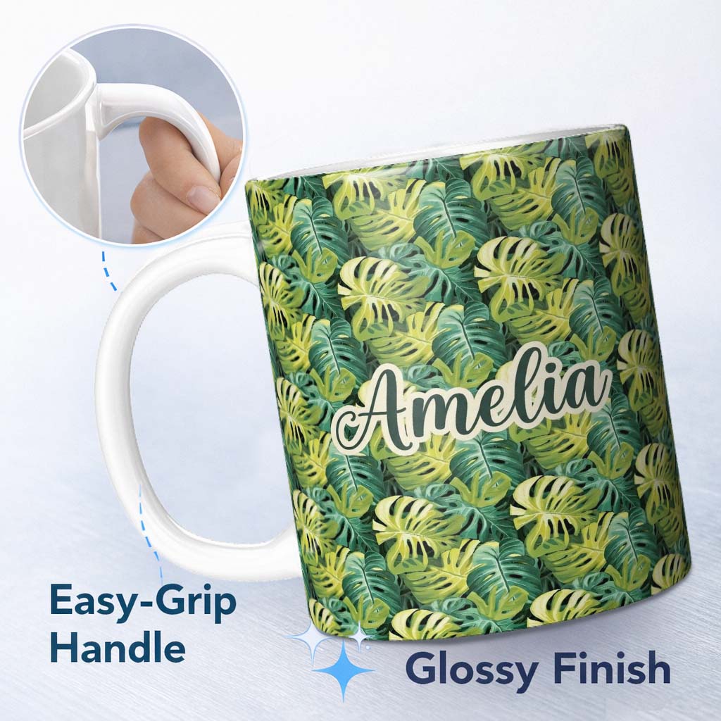 Personalized Custom Name Bright Tropical Monstera Leaves Dense Jungle Seamless Pattern Name 11oz Ceramic Coffee Tea Mug White Large Handle