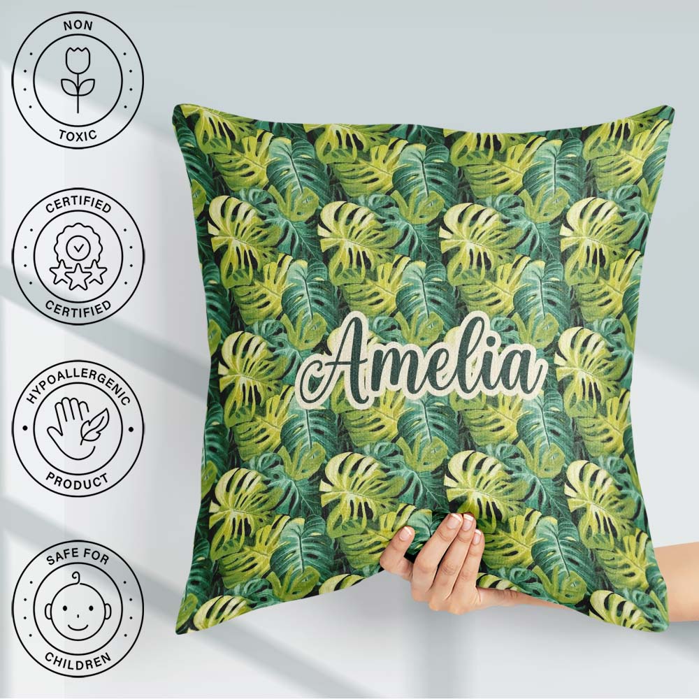 Custom Name Bright Tropical Monstera Leaves Dense Jungle Pattern Square Filled Cushion Throw Pillow Sofa Bed Home Decor Zip Washable UK Made