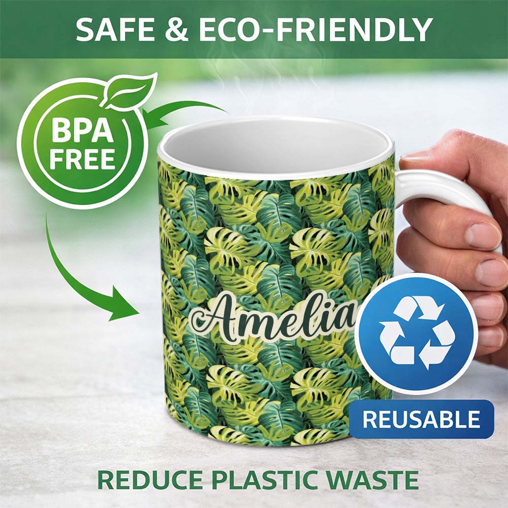 Personalized Custom Name Bright Tropical Monstera Leaves Dense Jungle Seamless Pattern Name 11oz Ceramic Coffee Tea Mug White Large Handle