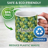 Personalized Custom Name Bright Tropical Monstera Leaves Dense Jungle Seamless Pattern Name 11oz Ceramic Coffee Tea Mug White Large Handle