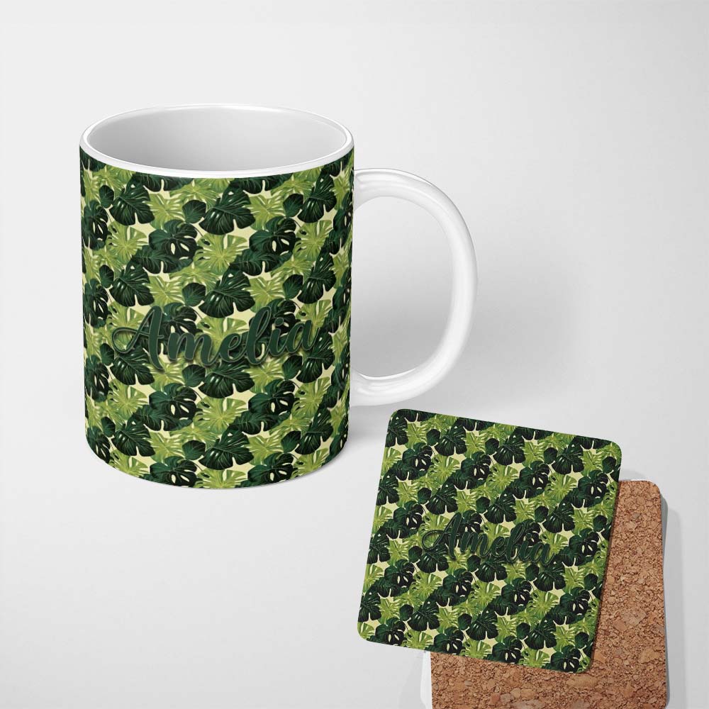 Personalized Custom Name Layered Green Monstera Leaves on Soft Cream Background Seamless 11oz Ceramic Coffee Tea Mug White Large Handle