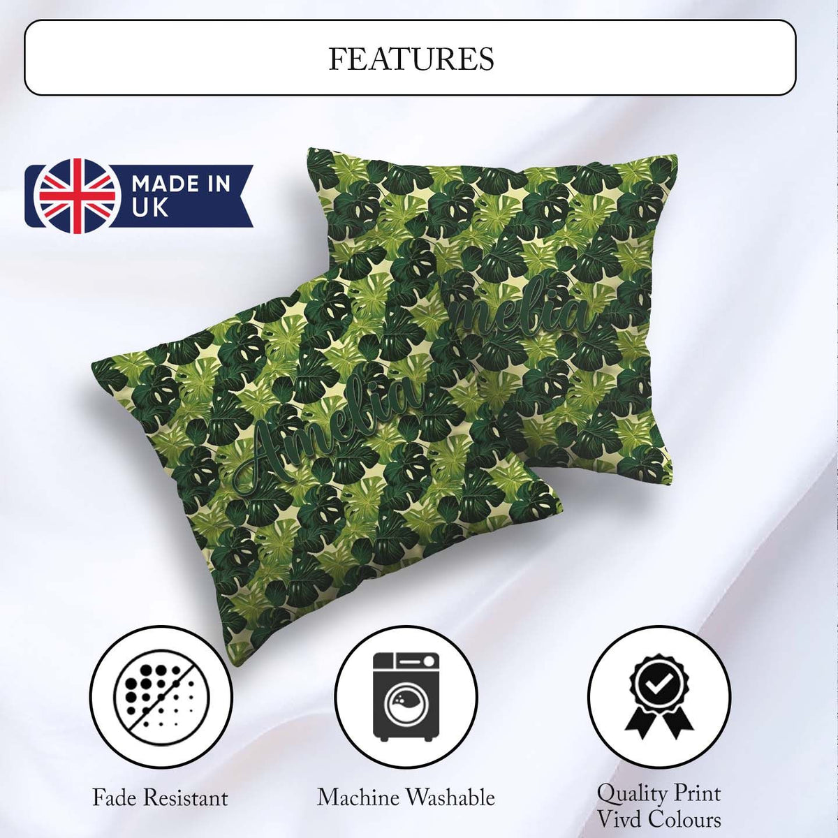 Custom Name Layered Green Monstera Leaves on Soft Cream Seamless Square Filled Cushion Throw Pillow Sofa Bed Home Decor Zip Washable UK Made
