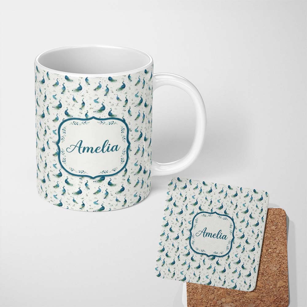 Personalized Custom Name Watercolor Peacock Birds with Soft Floral Background Seamless 11oz Ceramic Coffee Tea Mug White Large Handle