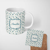 Personalized Custom Name Watercolor Peacock Birds with Soft Floral Background Seamless 11oz Ceramic Coffee Tea Mug White Large Handle