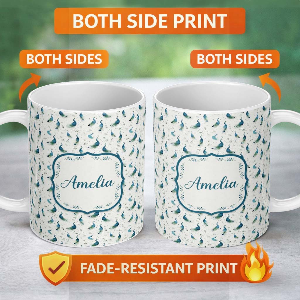 Personalized Custom Name Watercolor Peacock Birds with Soft Floral Background Seamless 11oz Ceramic Coffee Tea Mug White Large Handle