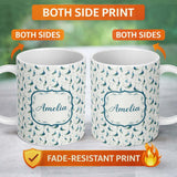 Personalized Custom Name Watercolor Peacock Birds with Soft Floral Background Seamless 11oz Ceramic Coffee Tea Mug White Large Handle