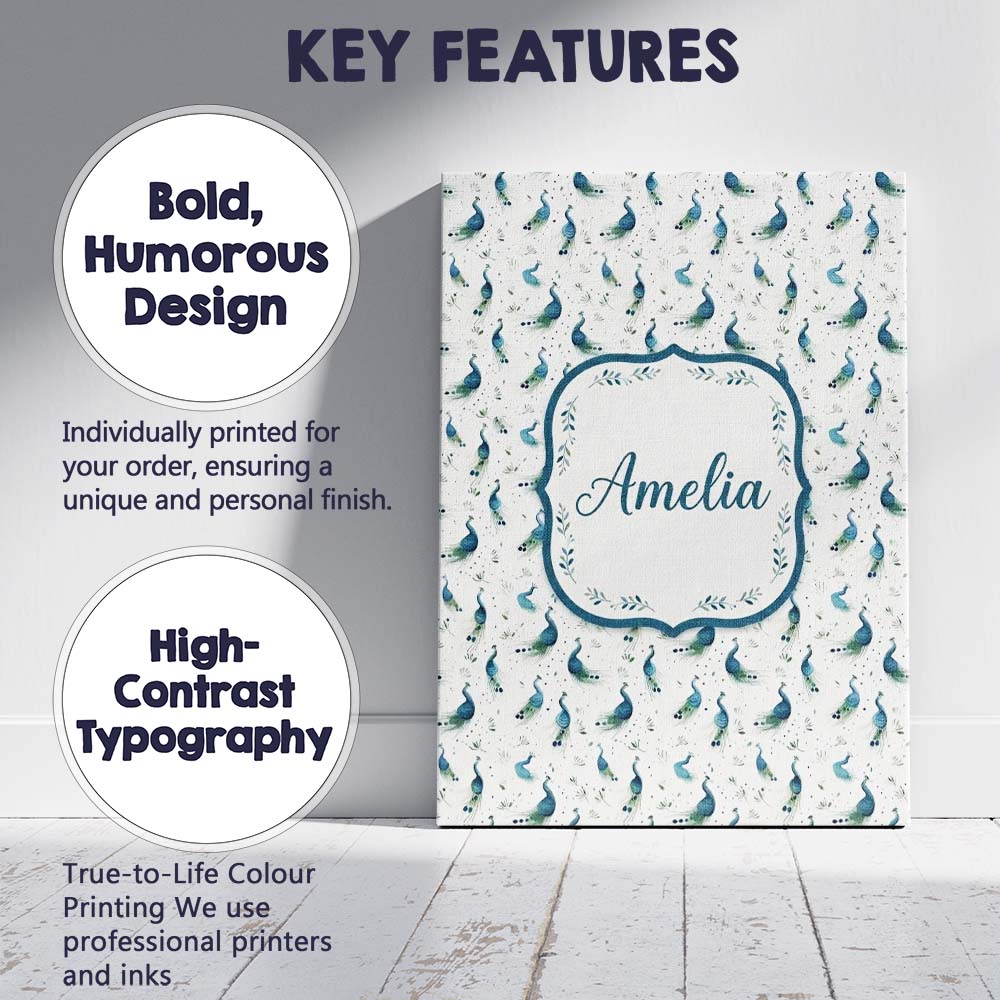 Personalised Name Watercolor Peacock Birds Custom  Unique Gift Idea Elegant Feature Canvas Wall Art Print Decor Picture Ready to Hang