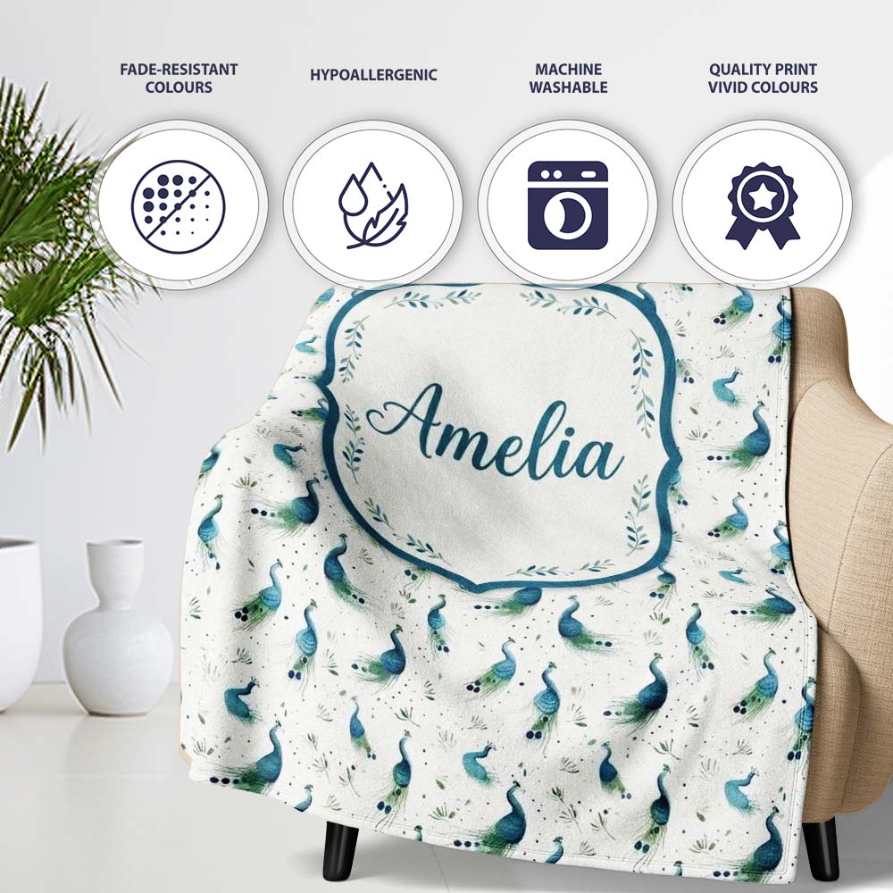 Watercolor Peacock Birds with Soft Floral Background Seamless  Personalised Custom Name Super Soft Fleece Blanket Bed Sofa Throw