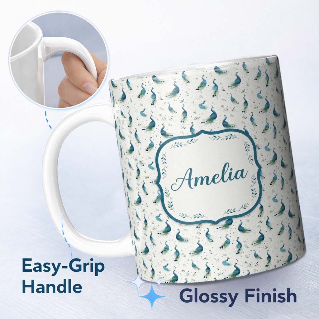 Personalized Custom Name Watercolor Peacock Birds with Soft Floral Background Seamless 11oz Ceramic Coffee Tea Mug White Large Handle