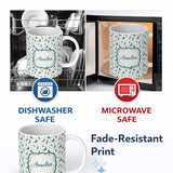 Personalized Custom Name Watercolor Peacock Birds with Soft Floral Background Seamless 11oz Ceramic Coffee Tea Mug White Large Handle