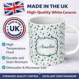 Personalized Custom Name Watercolor Peacock Birds with Soft Floral Background Seamless 11oz Ceramic Coffee Tea Mug White Large Handle