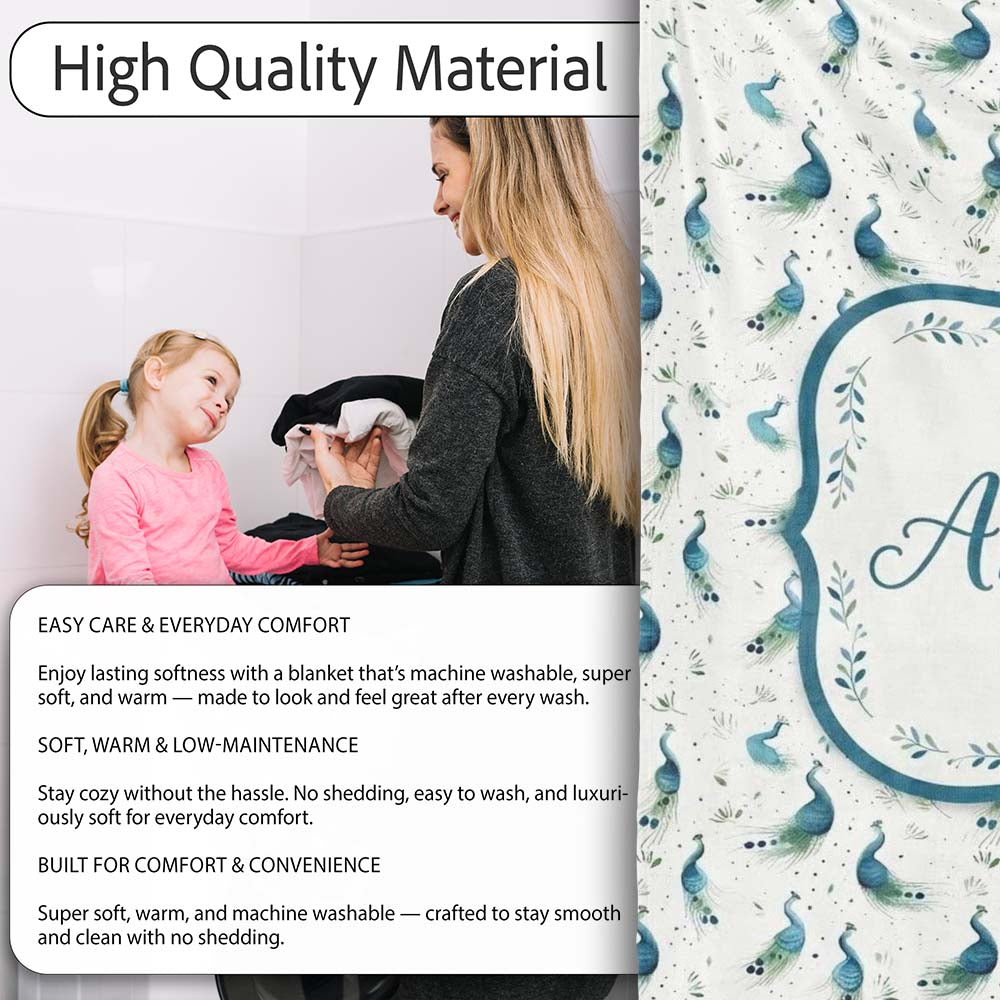 Watercolor Peacock Birds with Soft Floral Background Seamless  Personalised Custom Name Super Soft Fleece Blanket Bed Sofa Throw
