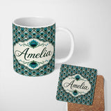 Personalized Custom Name Elegant Peacock Feather Fan Art Deco Style Seamless Pattern Name 11oz Ceramic Coffee Tea Mug White Large Handle