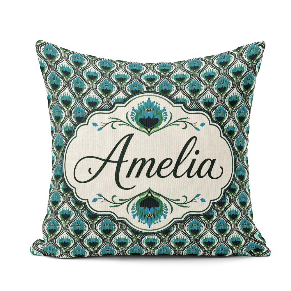 Custom Name Elegant Peacock Feather Fan Deco Style Seamless Name Square Filled Cushion Throw Pillow Sofa Bed Home Decor Zip Washable UK Made