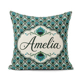 Custom Name Elegant Peacock Feather Fan Deco Style Seamless Name Square Filled Cushion Throw Pillow Sofa Bed Home Decor Zip Washable UK Made