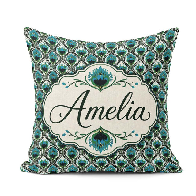 Custom Name Elegant Peacock Feather Fan Deco Style Seamless Name Square Filled Cushion Throw Pillow Sofa Bed Home Decor Zip Washable UK Made
