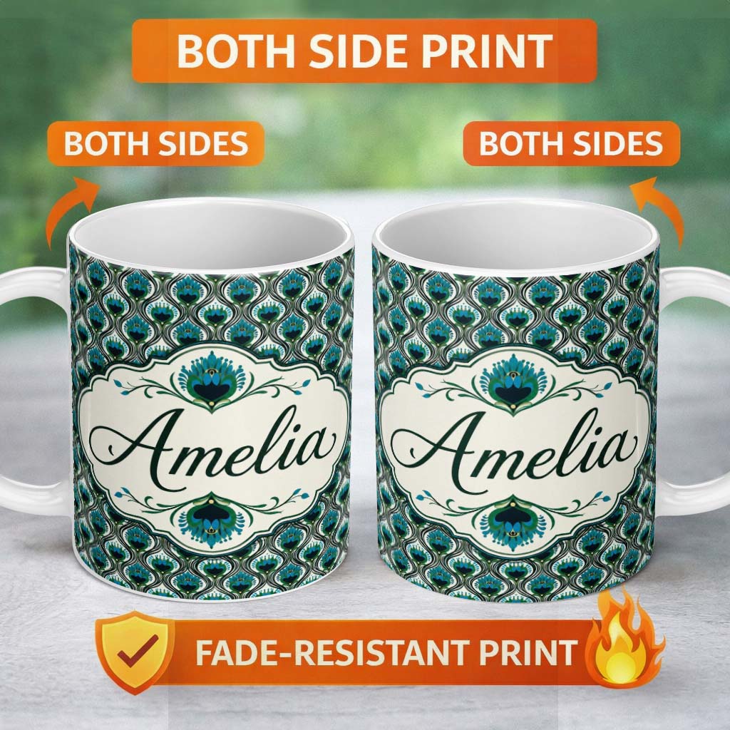 Personalized Custom Name Elegant Peacock Feather Fan Art Deco Style Seamless Pattern Name 11oz Ceramic Coffee Tea Mug White Large Handle