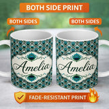 Personalized Custom Name Elegant Peacock Feather Fan Art Deco Style Seamless Pattern Name 11oz Ceramic Coffee Tea Mug White Large Handle