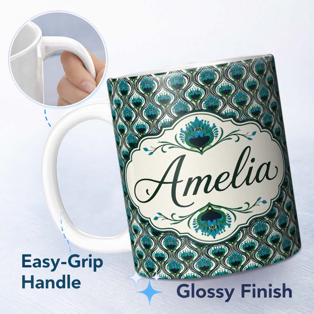 Personalized Custom Name Elegant Peacock Feather Fan Art Deco Style Seamless Pattern Name 11oz Ceramic Coffee Tea Mug White Large Handle