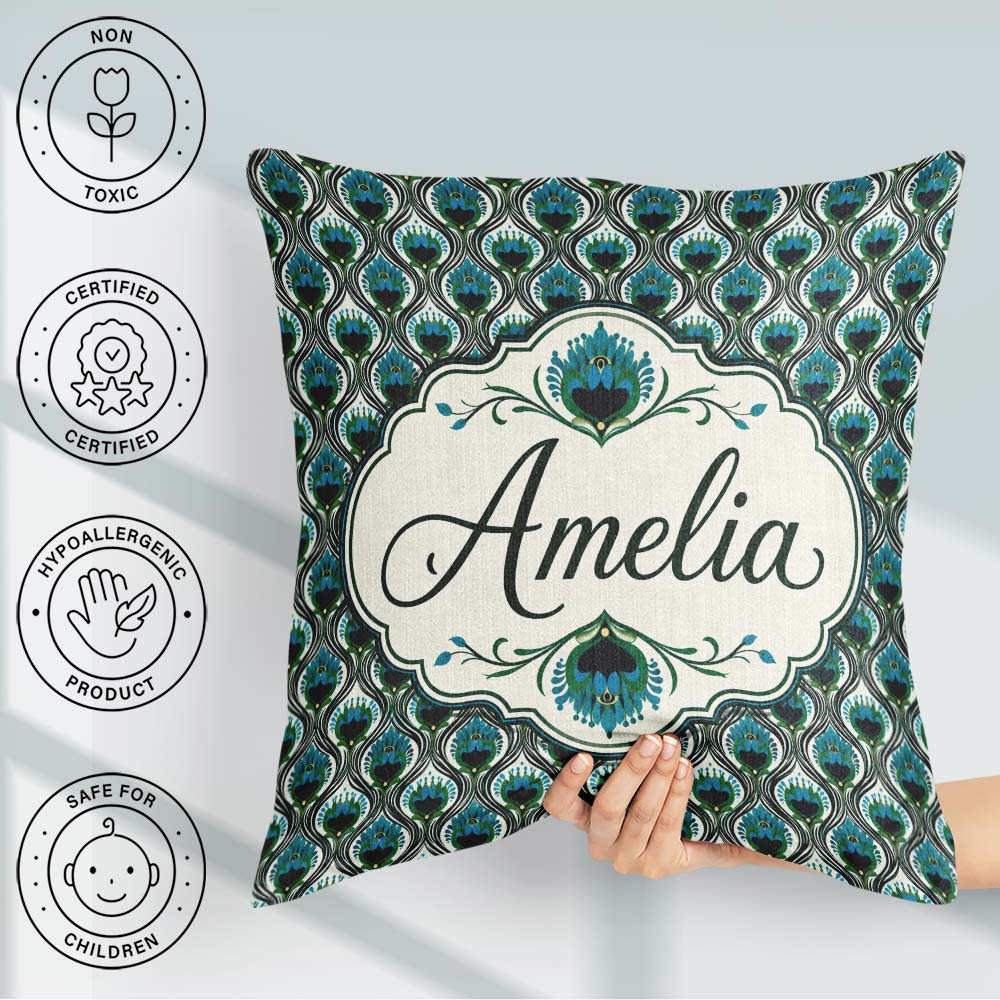Custom Name Elegant Peacock Feather Fan Deco Style Seamless Name Square Filled Cushion Throw Pillow Sofa Bed Home Decor Zip Washable UK Made