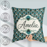 Custom Name Elegant Peacock Feather Fan Deco Style Seamless Name Square Filled Cushion Throw Pillow Sofa Bed Home Decor Zip Washable UK Made