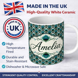 Personalized Custom Name Elegant Peacock Feather Fan Art Deco Style Seamless Pattern Name 11oz Ceramic Coffee Tea Mug White Large Handle
