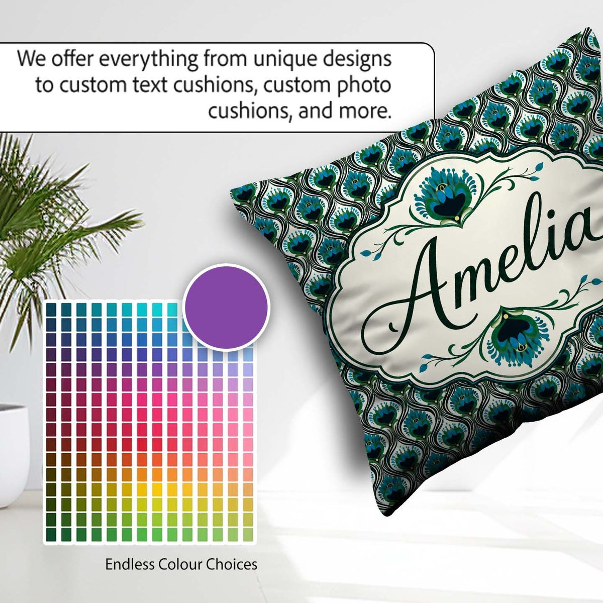 Custom Name Elegant Peacock Feather Fan Deco Style Seamless Name Square Filled Cushion Throw Pillow Sofa Bed Home Decor Zip Washable UK Made
