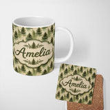 Personalized Custom Name Soft Watercolour Evergreen Tree with Misty Forest Effect on Light 11oz Ceramic Coffee Tea Mug White Large Handle