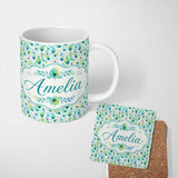 Personalized Custom Name Colorful Peacock Feathers with Soft Botanical Elements Seamless 11oz Ceramic Coffee Tea Mug White Large Handle