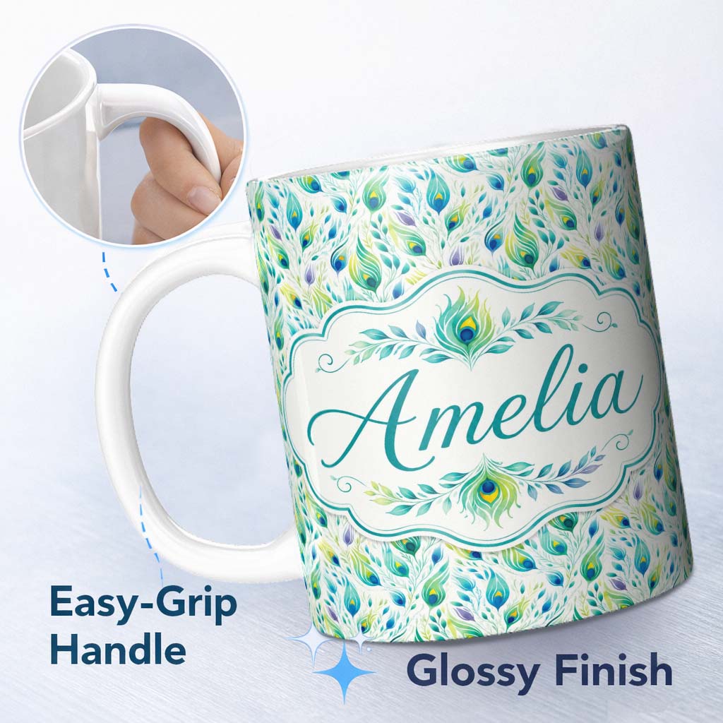 Personalized Custom Name Colorful Peacock Feathers with Soft Botanical Elements Seamless 11oz Ceramic Coffee Tea Mug White Large Handle