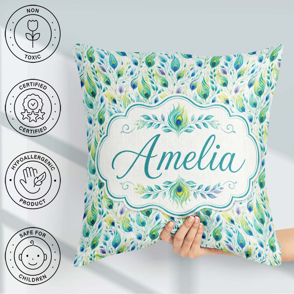 Custom Name Colorful Feathers with Botanical Elements Seamless Square Filled Cushion Throw Pillow Sofa Bed Home Decor Zip Washable UK Made