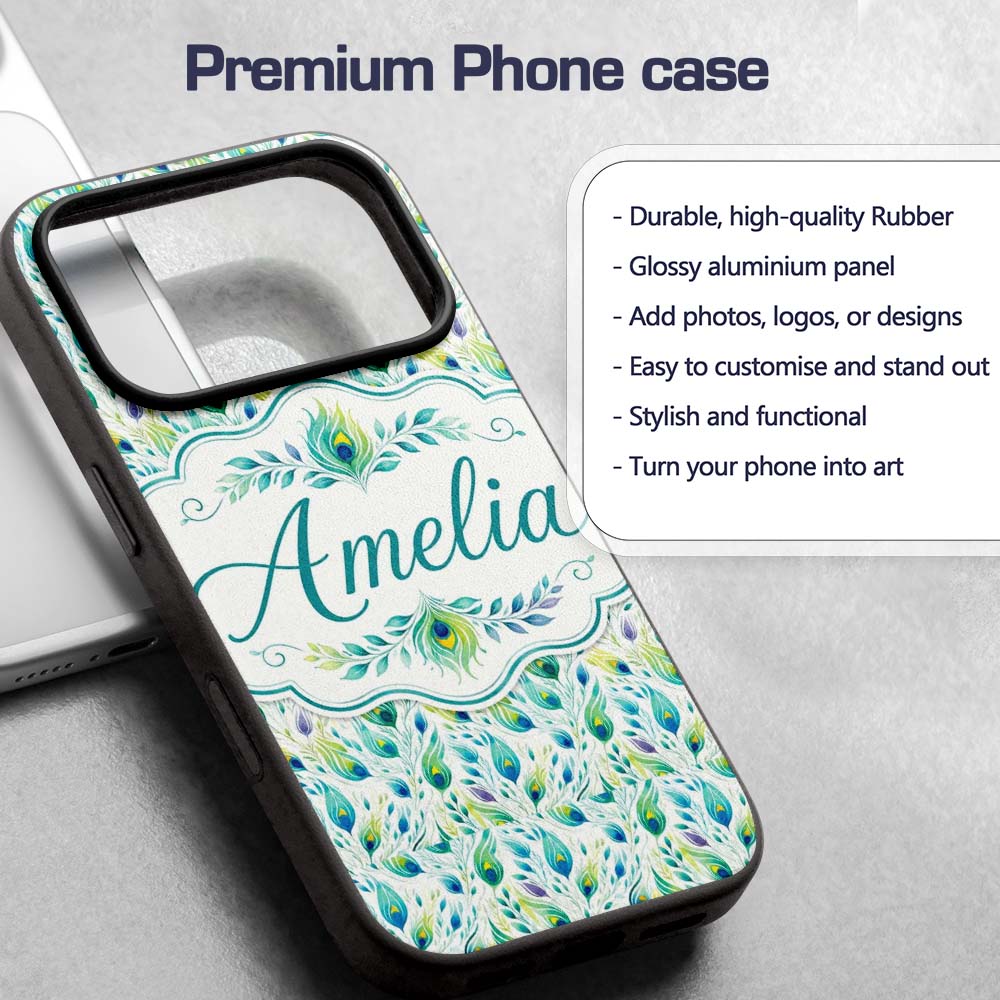 Colorful Peacock Feathers with Soft Botanical Custom Name Protective Phone Case Mobile Cover Durable Everyday Smartphone Shock Resistant