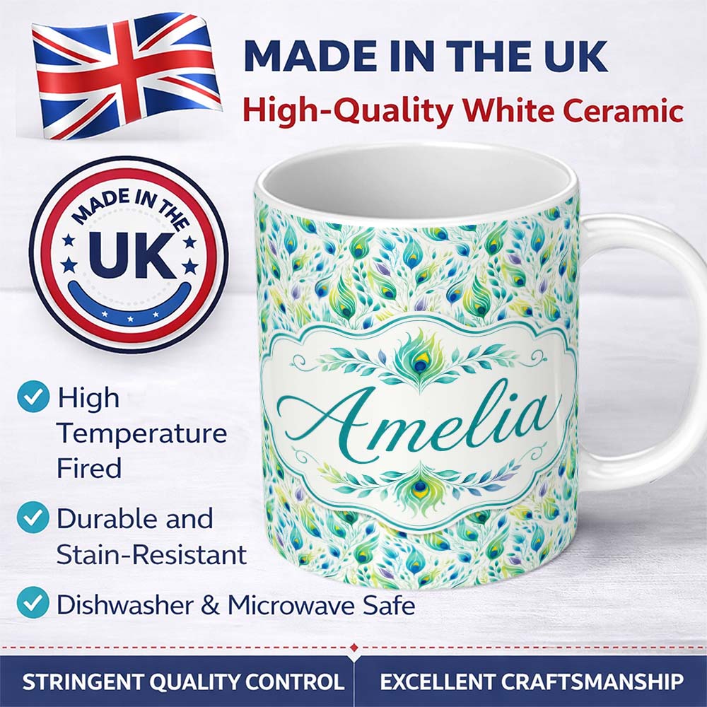 Personalized Custom Name Colorful Peacock Feathers with Soft Botanical Elements Seamless 11oz Ceramic Coffee Tea Mug White Large Handle