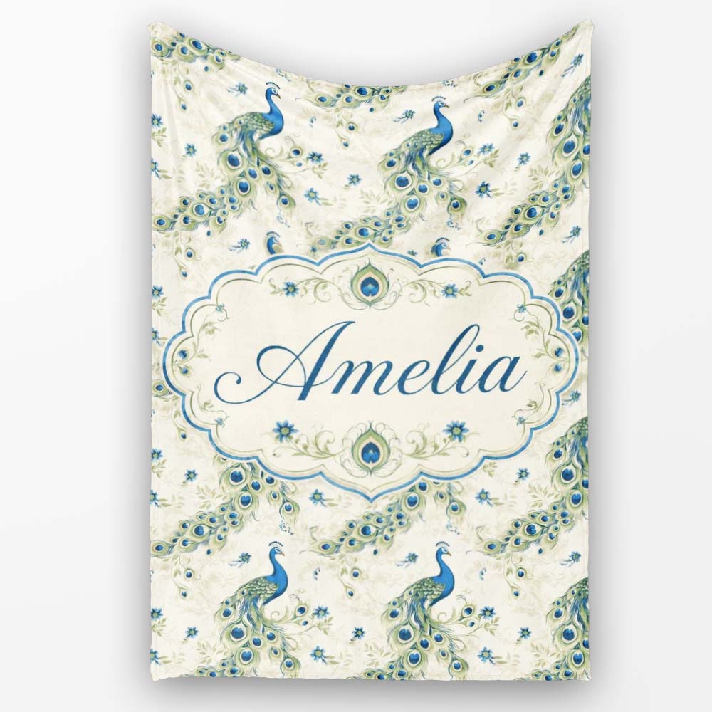 Vintage Peacock Birds with Floral Garden Background Seamless  Personalised Custom Name Super Soft Fleece Blanket Bed Sofa Throw