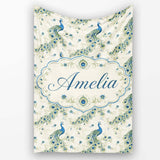 Vintage Peacock Birds with Floral Garden Background Seamless  Personalised Custom Name Super Soft Fleece Blanket Bed Sofa Throw