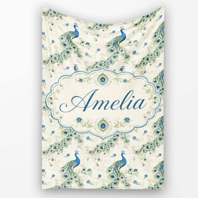 Vintage Peacock Birds with Floral Garden Background Seamless  Personalised Custom Name Super Soft Fleece Blanket Bed Sofa Throw
