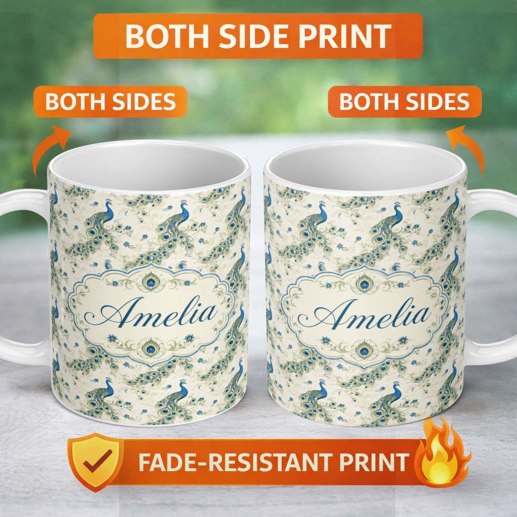 Personalized Custom Name Vintage Peacock Birds with Floral Garden Background Seamless 11oz Ceramic Coffee Tea Mug White Large Handle