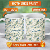 Personalized Custom Name Vintage Peacock Birds with Floral Garden Background Seamless 11oz Ceramic Coffee Tea Mug White Large Handle